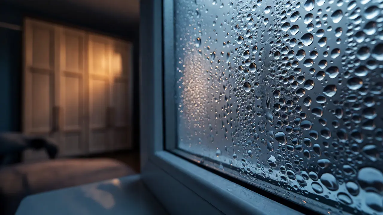 Beschlagenes Fenster mit Kondenswasser als Zeichen für zu hohe Luftfeuchtigkeit im Schlafzimmer.