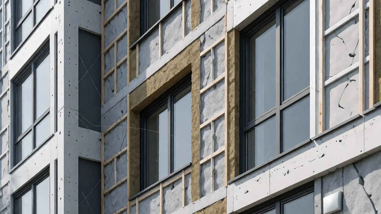 Detailaufnahme einer energetisch hochwertigen Fassadenverkleidung eines Neubaus