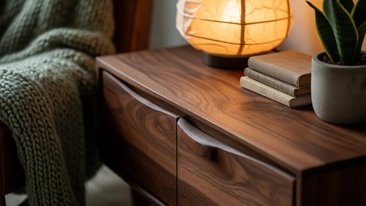 Detailaufnahme von Walnussholz, Papierlampe und Wolle für warme Japandi-Atmosphäre
