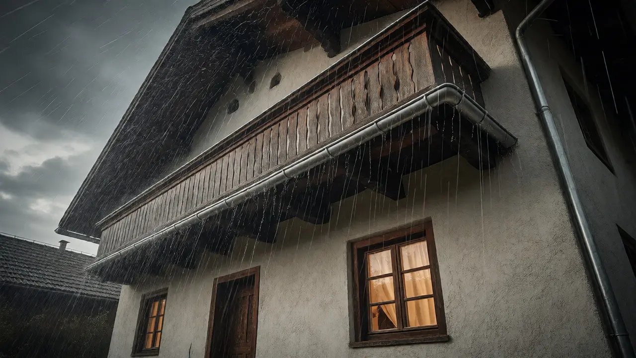 Fassade im Herbststurm mit funktionierenden Tropfkanten ohne Wasserschäden.