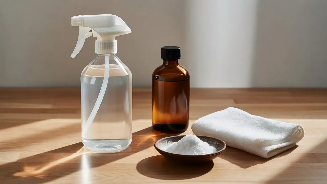 Flasche mit Alkohol, Essigessenz und eine Schale Backpulver auf einer Arbeitsfläche.