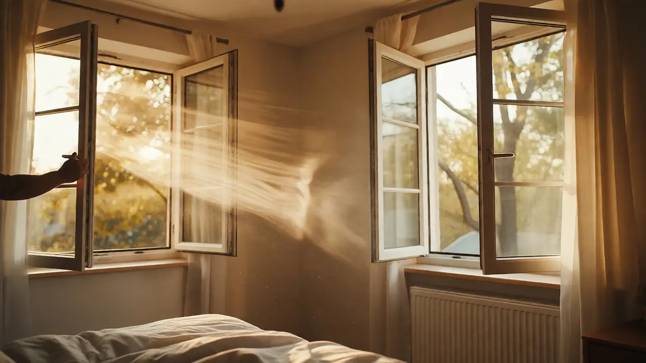 Geöffnete gegenüberliegende Fenster ermöglichen Querlüftung für frische Luft im hellen Schlafzimmer.