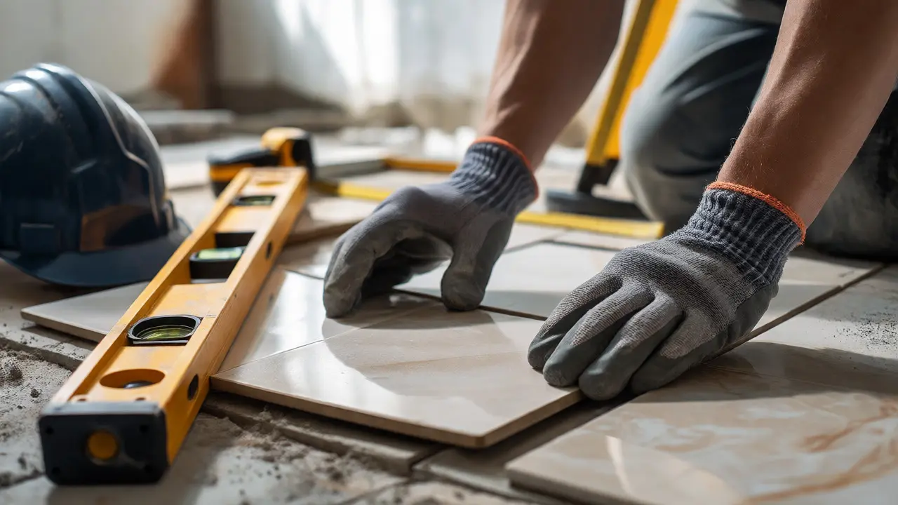 Hände in Arbeitshandschuhen verlegen Fliesen neben Sicherheitsausrüstung.