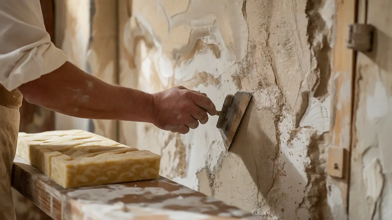 Handwerker trägt historischen Kalkputz auf eine Wand auf