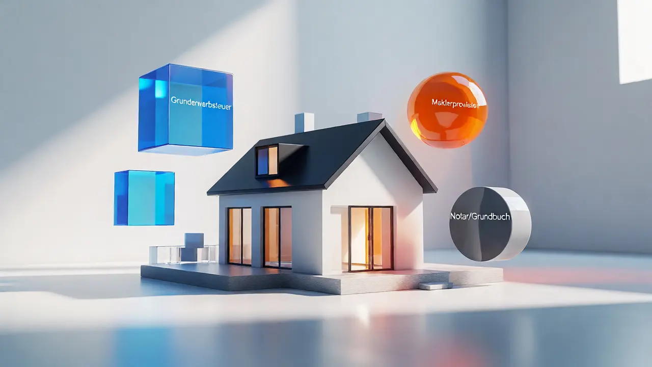 Konzeptuelle 3D-Darstellung eines Hauses umgeben von geometrischen Formen für verschiedene Kaufnebenkosten.