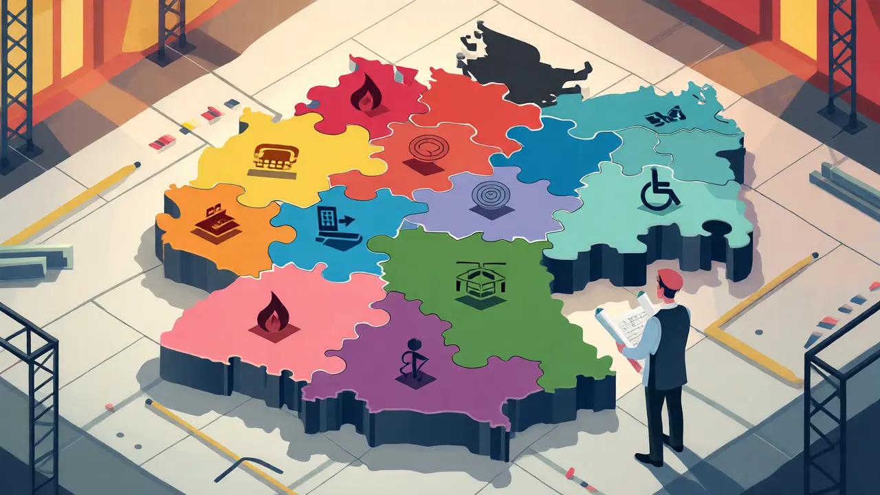 Konzeptuelle Illustration einer Deutschlandkarte als Baustelle mit unpassenden Puzzleteilen.