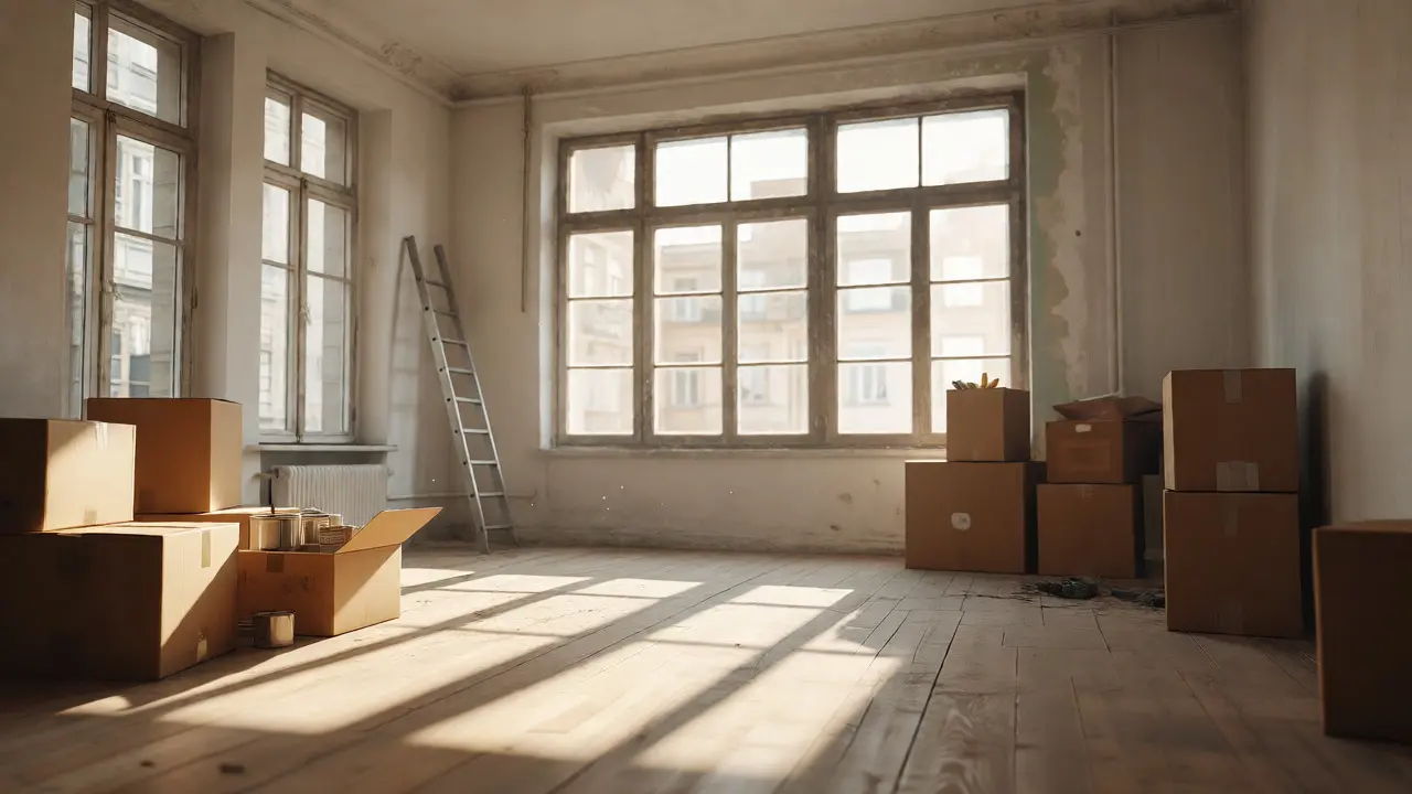 Leere Wohnung mit Umzugskartons und Renovierungsmaterial im Sonnenlicht nach dem Einzug.