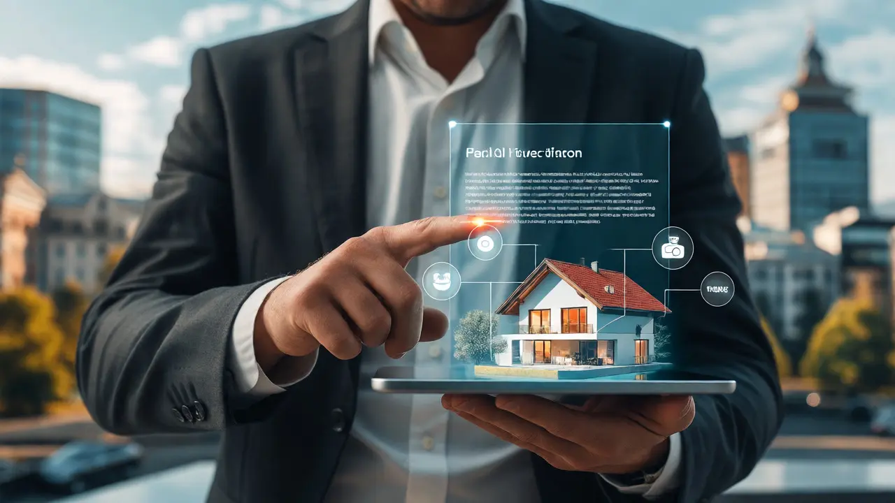 Makler überprüft holografische KI-Analyse eines Immobilienexposés.