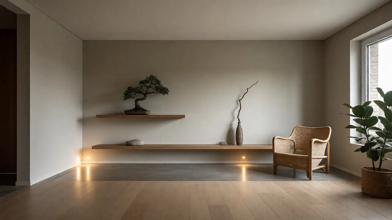 Minimalistisches Wohnzimmer mit schwebenden Regalen, Rattansessel und grünen Pflanzen