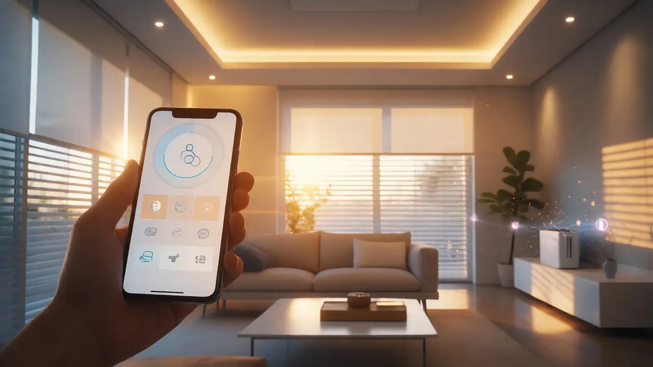 Modernes Wohnzimmer mit automatisierter Beleuchtung und Steuerung per Smartphone
