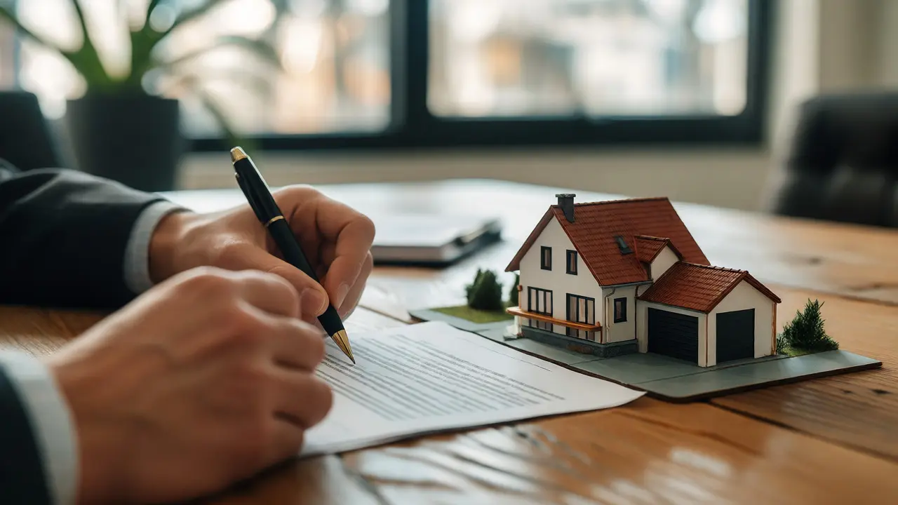 Unterschrift auf Bauantrag neben Architekturmodell des Hauses