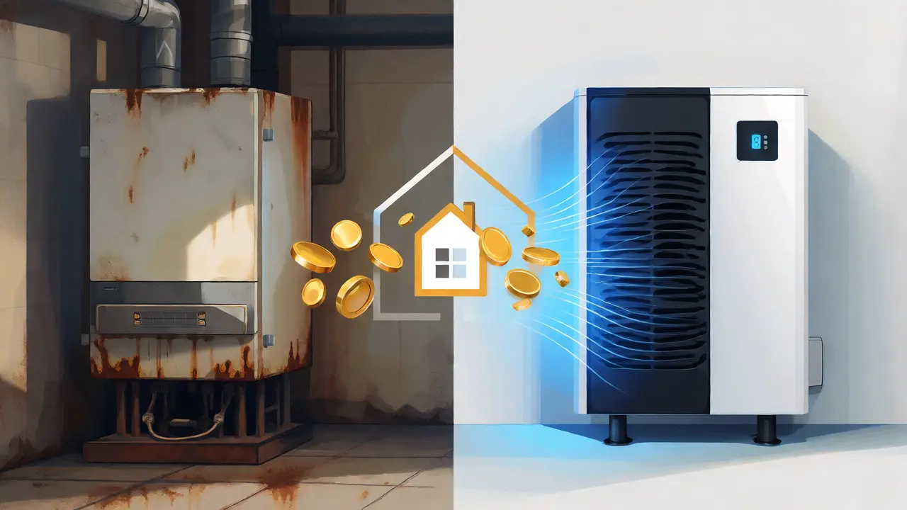 Vergleich zwischen alter Heizung und neuer Wärmepumpe mit Kostensymbolik.