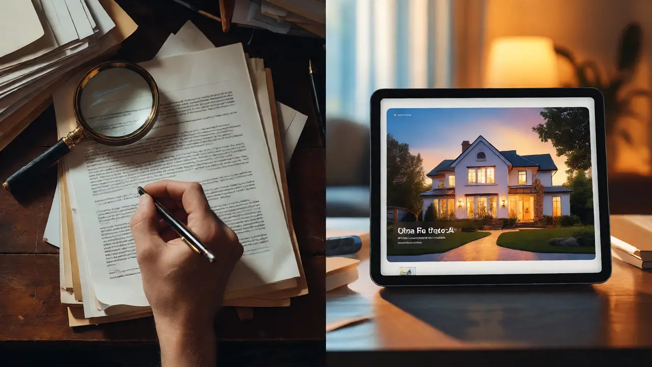 Vergleich zwischen manueller Papierarbeit und digitalem KI-Immobilienmarketing.